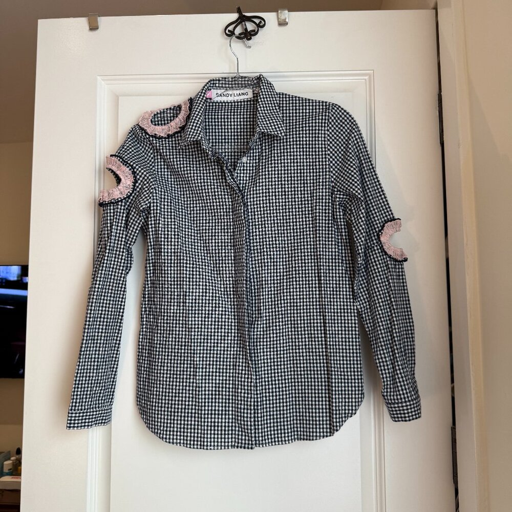 Sandy Liang Plaid Print Long Sleeve Button-Up Top Size 42